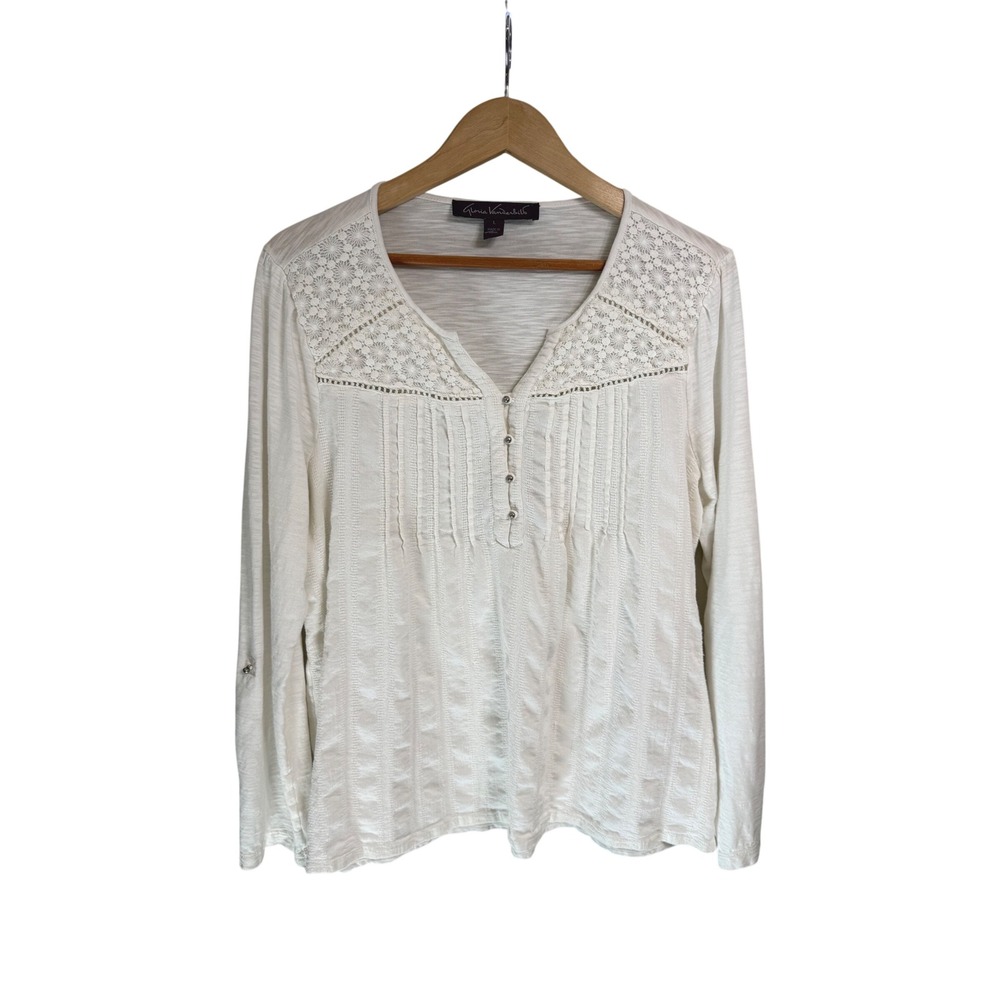 Gloria Vanderbilt White Lace Pintuck Henley Silver Toned Buttons Large Top